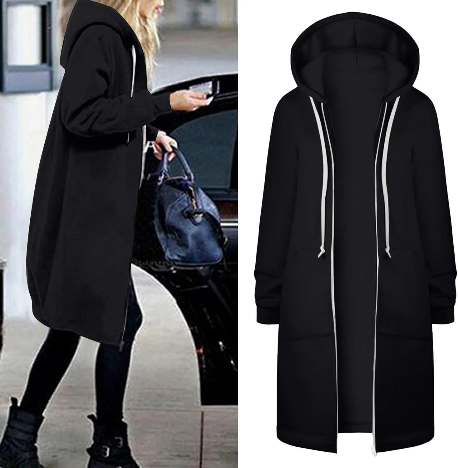 Womens Casual Zip Up Hoodies Fleece Tunic Long Sweatshirts Fall Winter Windproof Hooded Jacket Outerwear with Pockets