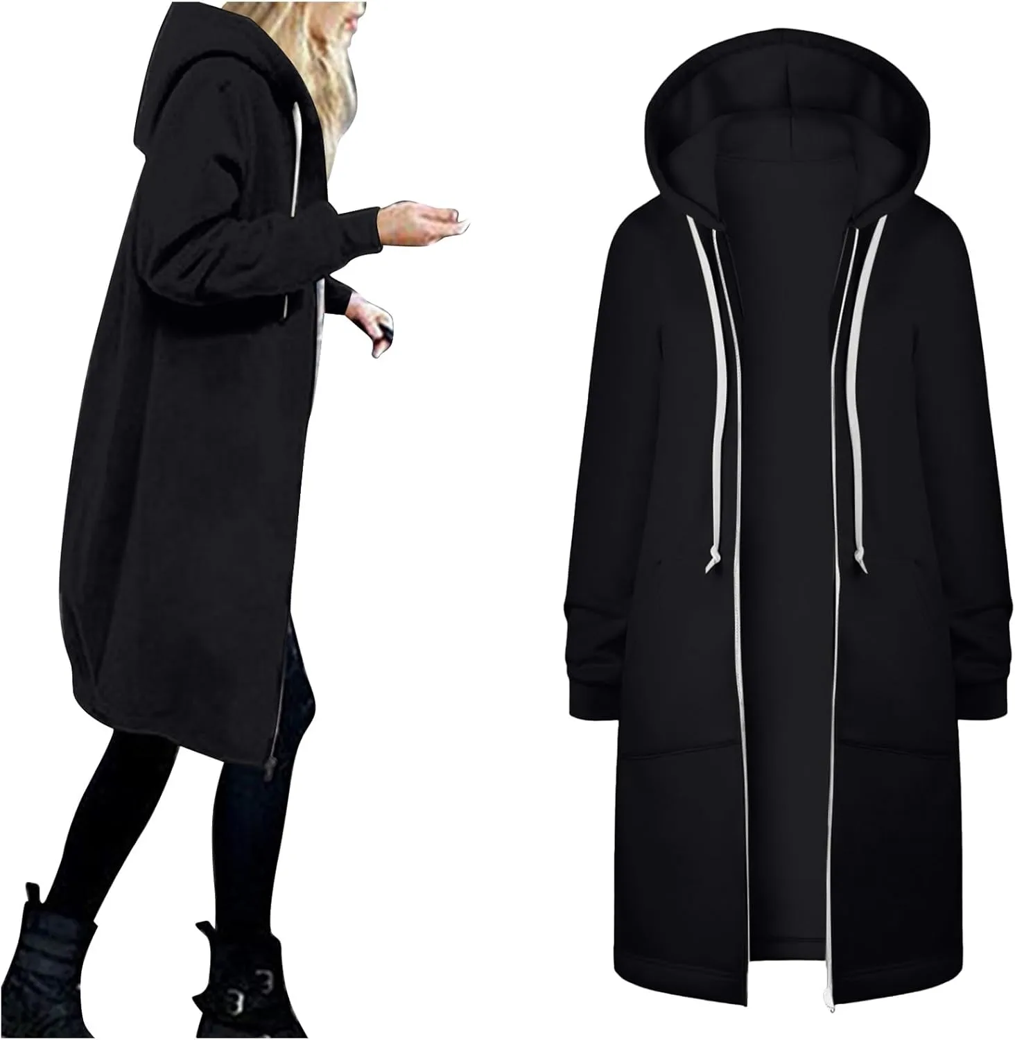 Womens Casual Zip Up Hoodies Fleece Tunic Long Sweatshirts Fall Winter Windproof Hooded Jacket Outerwear with Pockets