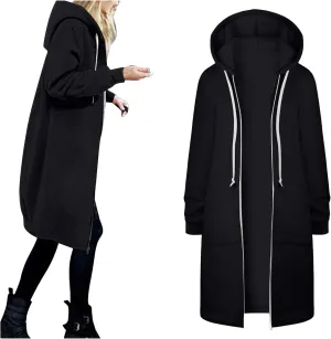 Womens Casual Zip Up Hoodies Fleece Tunic Long Sweatshirts Fall Winter Windproof Hooded Jacket Outerwear with Pockets