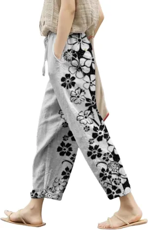 Women's Cotton Linen Pants Summer Casual Loose Boho Floral Elastic High Waisted Wide Leg Beach Trousers with Pockets