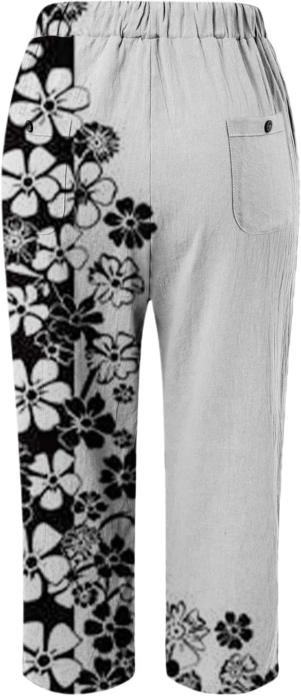 Women's Cotton Linen Pants Summer Casual Loose Boho Floral Elastic High Waisted Wide Leg Beach Trousers with Pockets