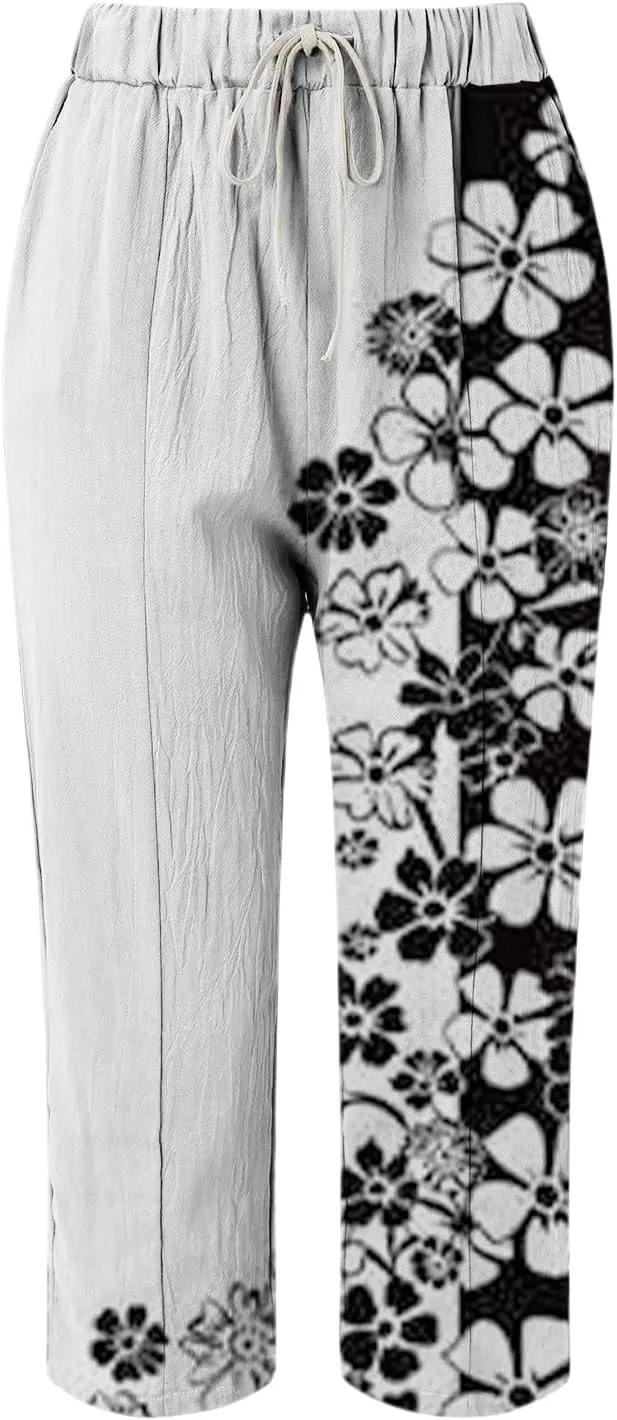 Women's Cotton Linen Pants Summer Casual Loose Boho Floral Elastic High Waisted Wide Leg Beach Trousers with Pockets