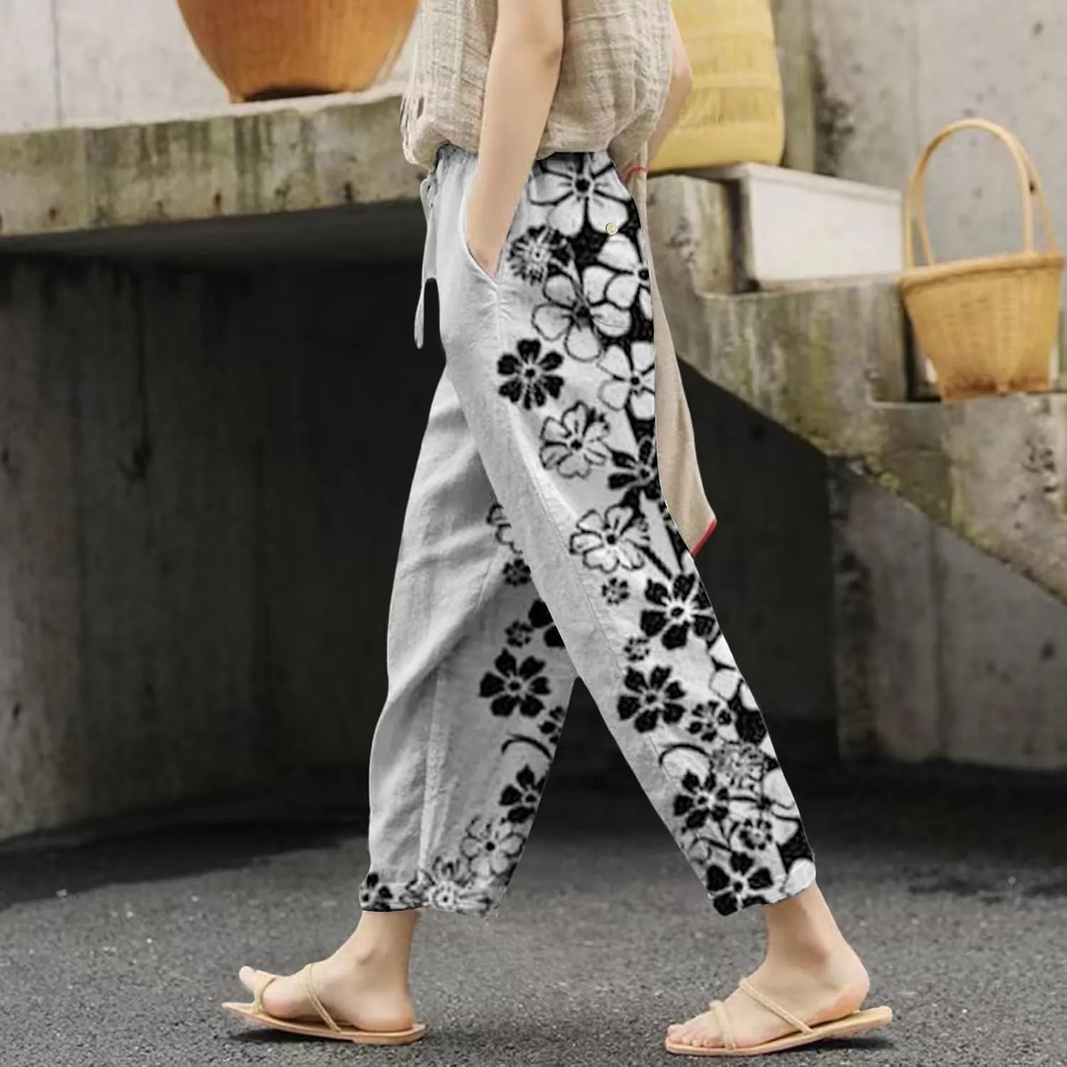Women's Cotton Linen Pants Summer Casual Loose Boho Floral Elastic High Waisted Wide Leg Beach Trousers with Pockets