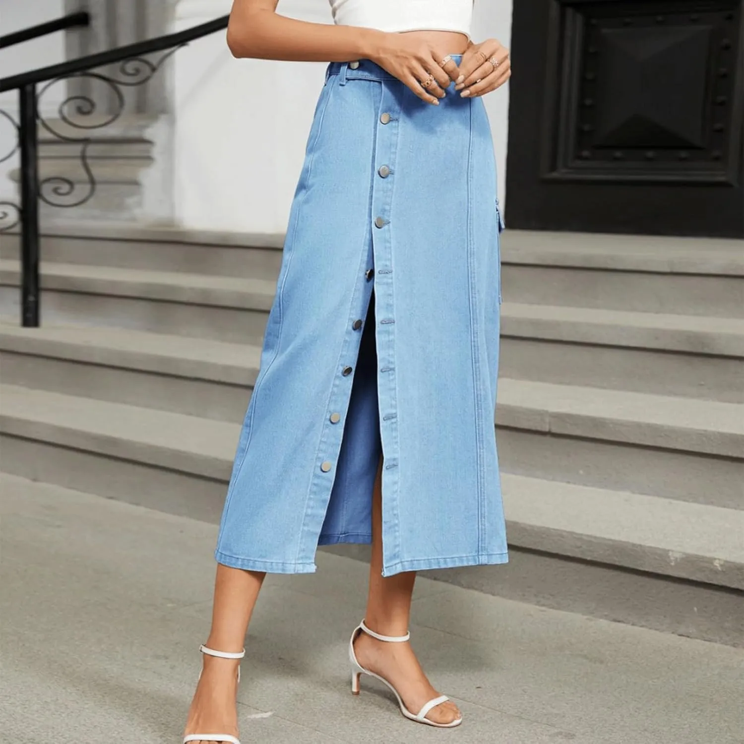 Women's Denim Skirt High Waisted Elastic Midi Button Up Side Slit Jean Skirt Y2K Vintage Cute Clean Fit
