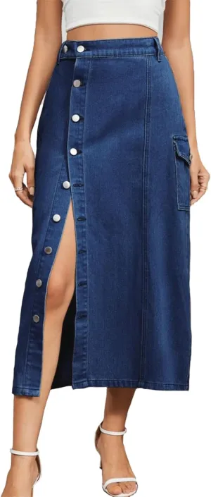 Women's Denim Skirt High Waisted Elastic Midi Button Up Side Slit Jean Skirt Y2K Vintage Cute Clean Fit