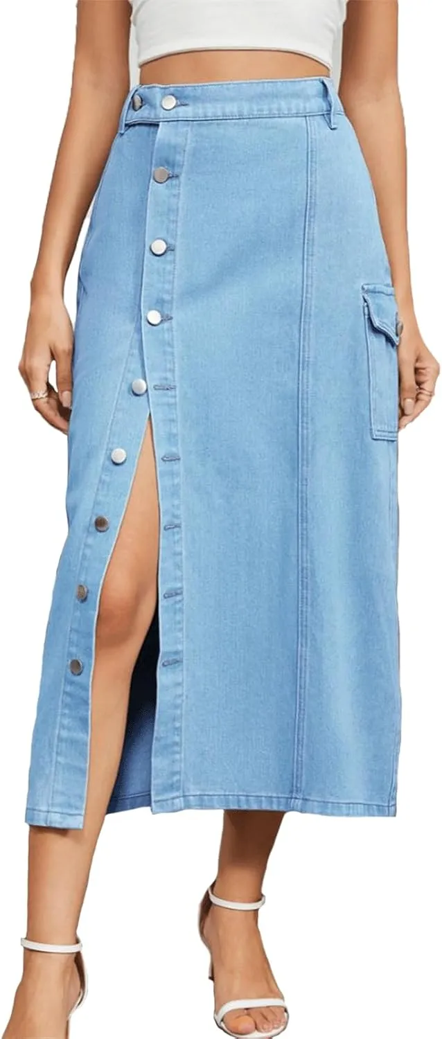 Women's Denim Skirt High Waisted Elastic Midi Button Up Side Slit Jean Skirt Y2K Vintage Cute Clean Fit