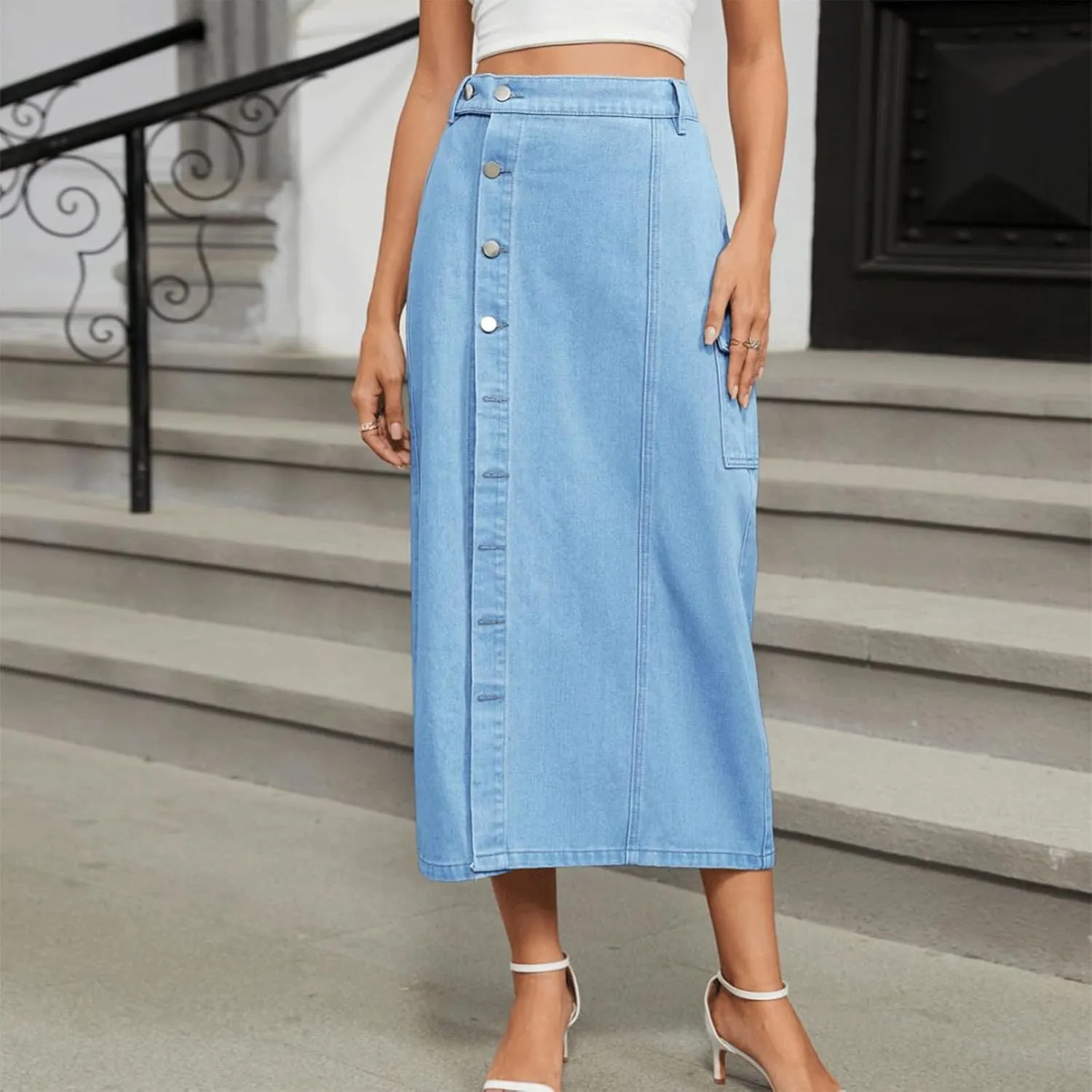 Women's Denim Skirt High Waisted Elastic Midi Button Up Side Slit Jean Skirt Y2K Vintage Cute Clean Fit