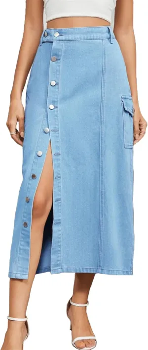 Women's Denim Skirt High Waisted Elastic Midi Button Up Side Slit Jean Skirt Y2K Vintage Cute Clean Fit