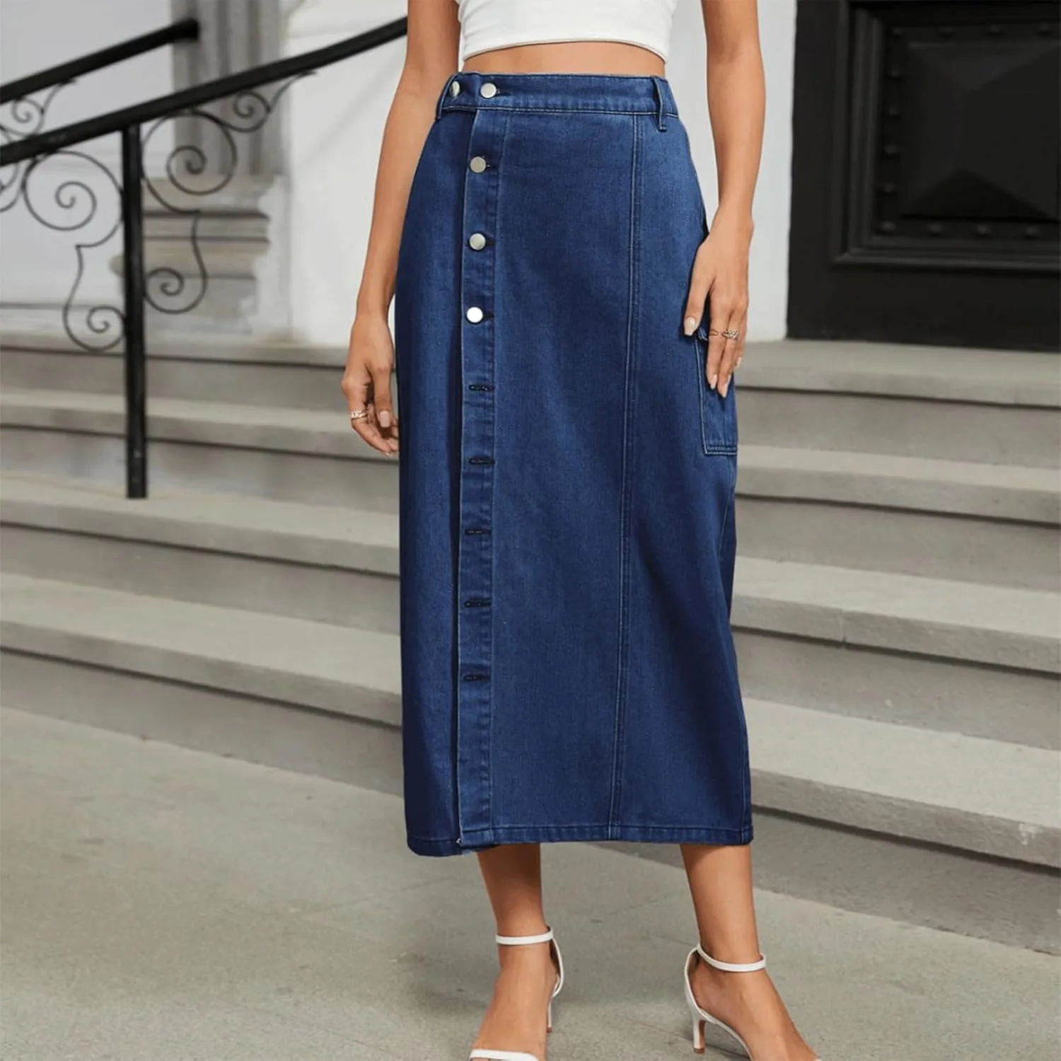 Women's Denim Skirt High Waisted Elastic Midi Button Up Side Slit Jean Skirt Y2K Vintage Cute Clean Fit