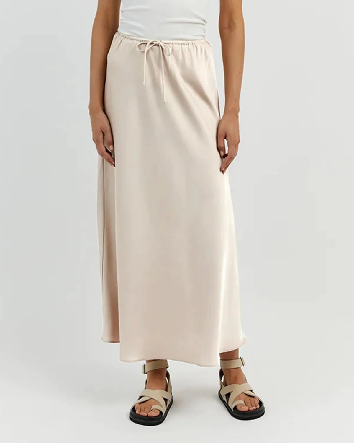 Women's Drawstring Satin Maxi Skirt High Waist Silk A Line Flowy Long Skirts