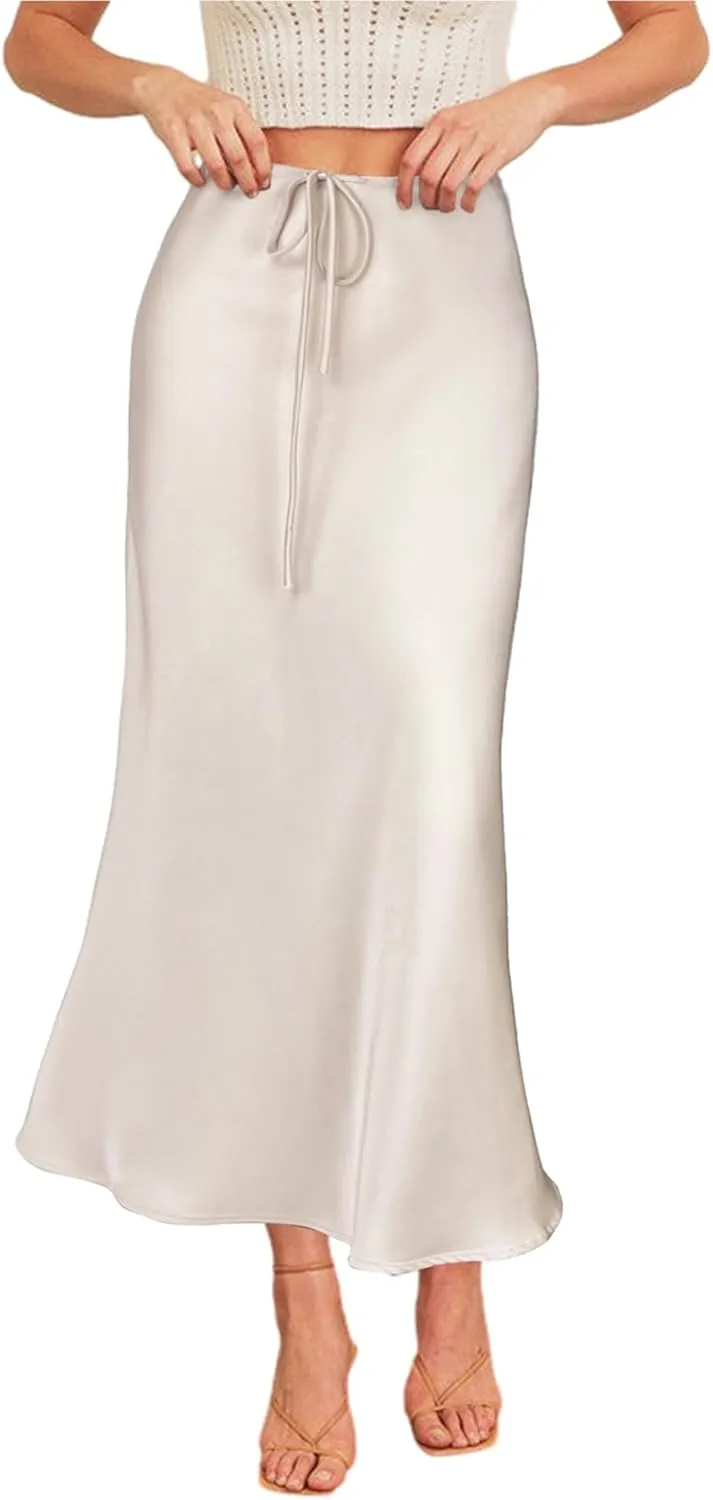 Women's Drawstring Satin Maxi Skirt High Waist Silk A Line Flowy Long Skirts