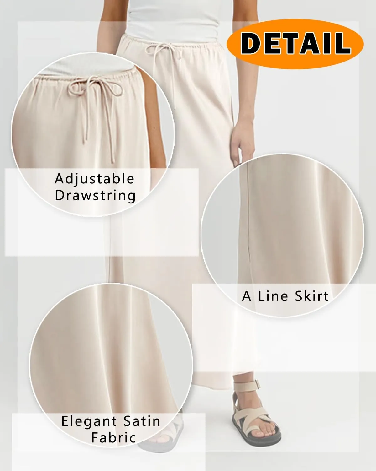 Women's Drawstring Satin Maxi Skirt High Waist Silk A Line Flowy Long Skirts