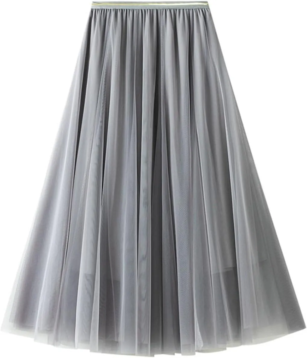 Women's Elastic Waist Ruffle Pleated Midi Skirt Solid Tutu Tulle Skirts