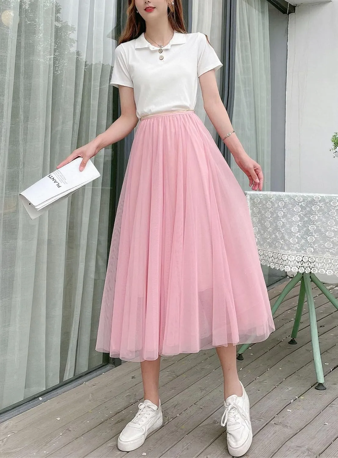 Women's Elastic Waist Ruffle Pleated Midi Skirt Solid Tutu Tulle Skirts