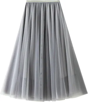 Women's Elastic Waist Ruffle Pleated Midi Skirt Solid Tutu Tulle Skirts