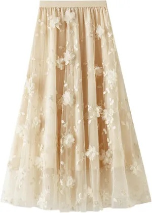 Women's Embroidery Tutu Tulle Skirt, Elastic Waist Layered Skirt Floral Print Mesh Pleated Skirt