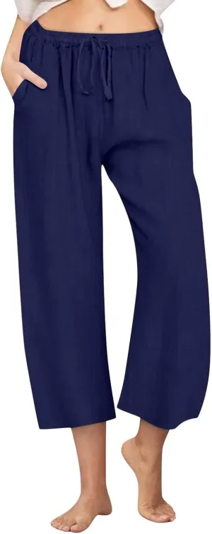 Womens Fashion Cotton Linen Pants Wide Leg Palazzo Causal Flowy Summer Trousers Beach Vacation Clothes Outfits