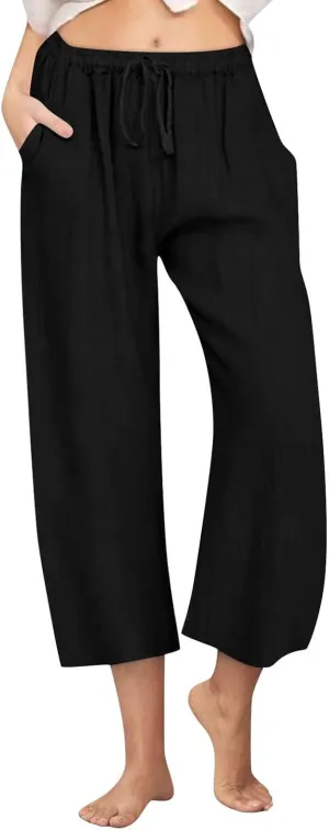 Womens Fashion Cotton Linen Pants Wide Leg Palazzo Causal Flowy Summer Trousers Beach Vacation Clothes Outfits