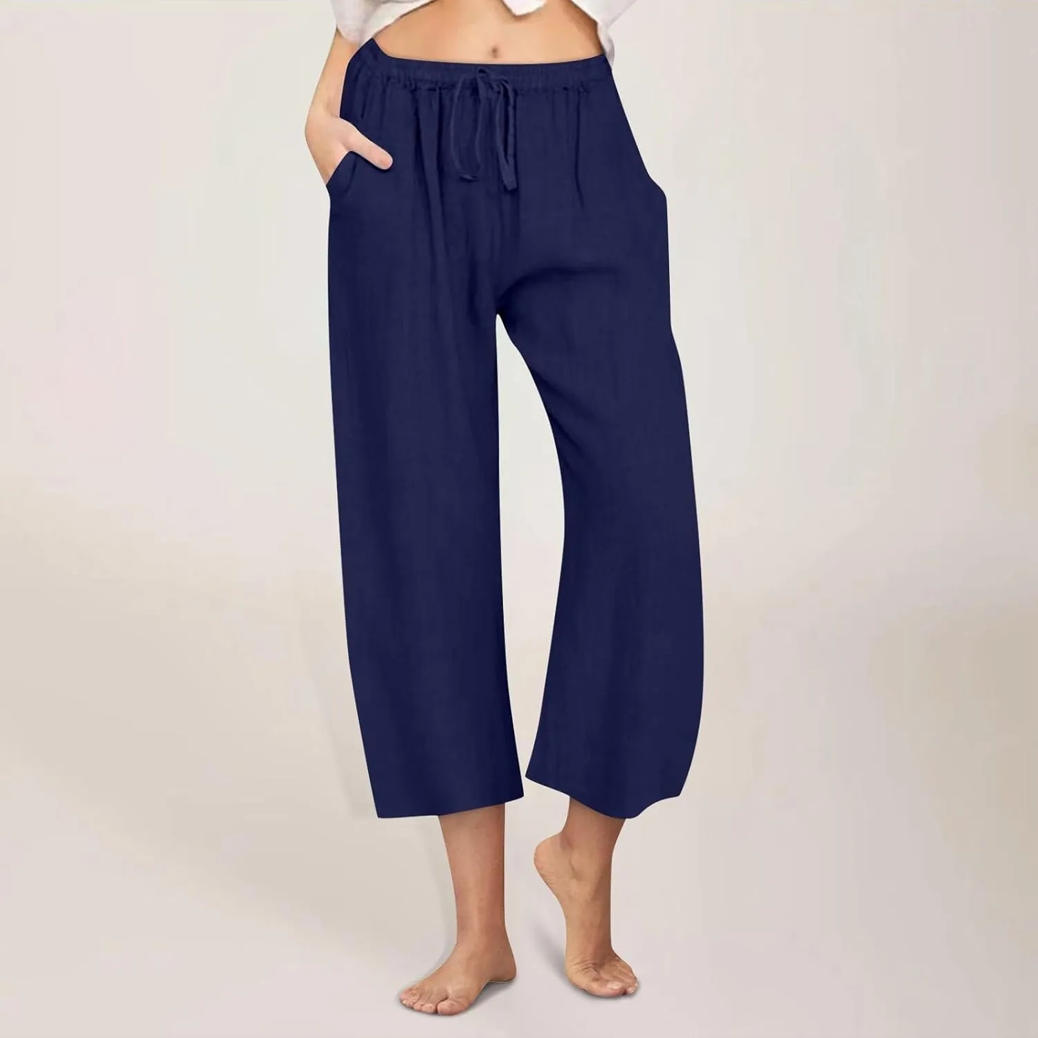 Womens Fashion Cotton Linen Pants Wide Leg Palazzo Causal Flowy Summer Trousers Beach Vacation Clothes Outfits