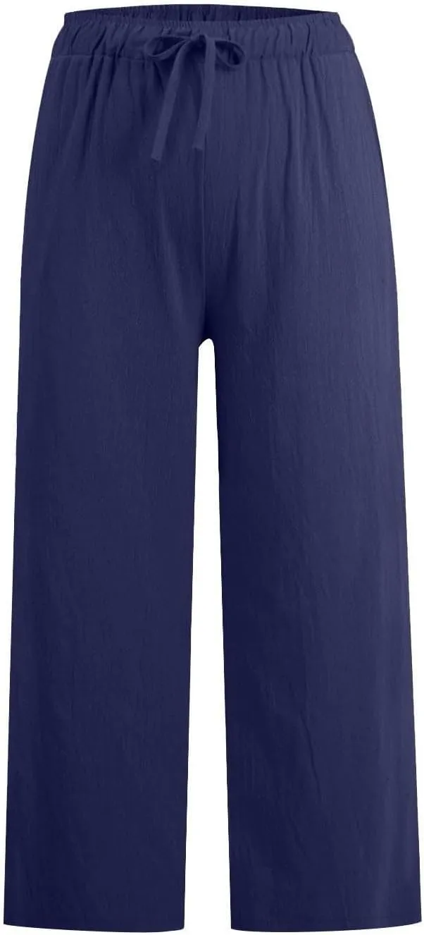 Womens Fashion Cotton Linen Pants Wide Leg Palazzo Causal Flowy Summer Trousers Beach Vacation Clothes Outfits