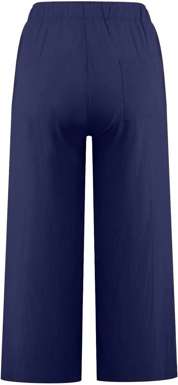 Womens Fashion Cotton Linen Pants Wide Leg Palazzo Causal Flowy Summer Trousers Beach Vacation Clothes Outfits