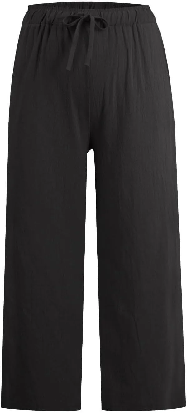 Womens Fashion Cotton Linen Pants Wide Leg Palazzo Causal Flowy Summer Trousers Beach Vacation Clothes Outfits