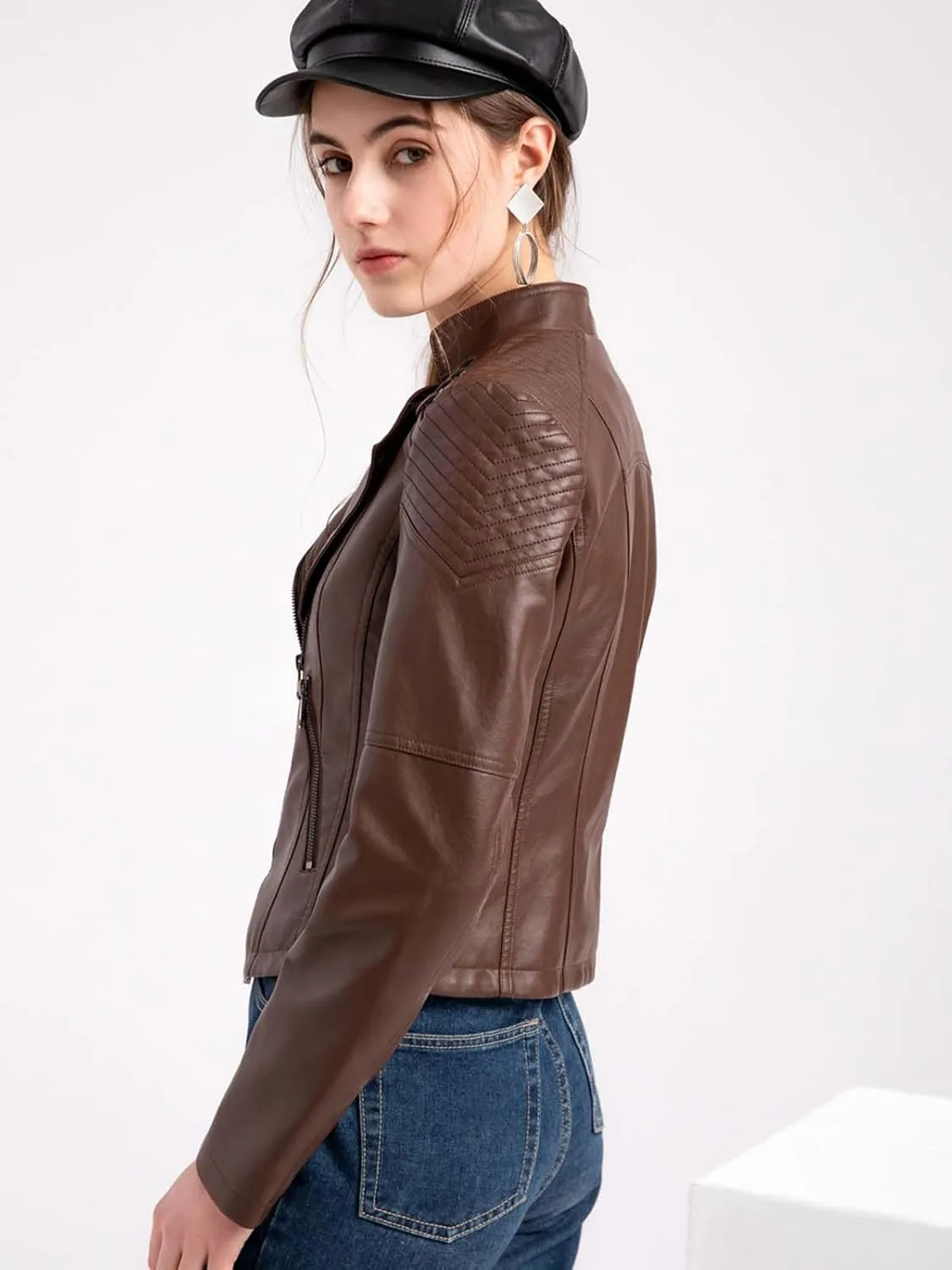 Women's Faux Leather Jacket Varsity Moto Biker Bomber Jackets Casual Lightweight Outerwear Short Coats