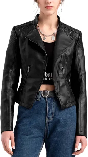 Women's Faux Leather Jacket Varsity Moto Biker Bomber Jackets Casual Lightweight Outerwear Short Coats