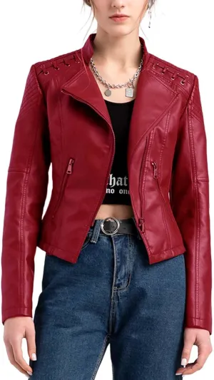 Women's Faux Leather Jacket Varsity Moto Biker Bomber Jackets Casual Lightweight Outerwear Short Coats