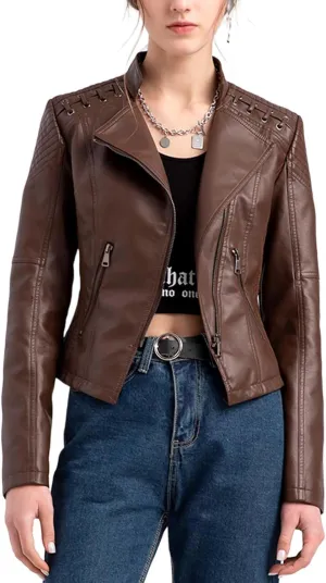 Women's Faux Leather Jacket Varsity Moto Biker Bomber Jackets Casual Lightweight Outerwear Short Coats