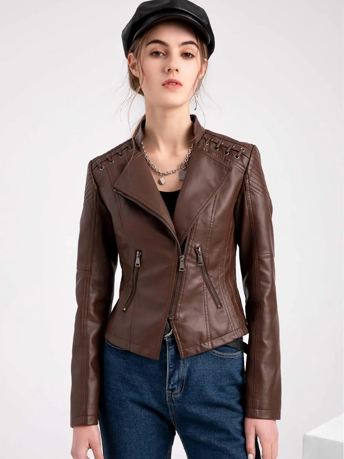 Women's Faux Leather Jacket Varsity Moto Biker Bomber Jackets Casual Lightweight Outerwear Short Coats