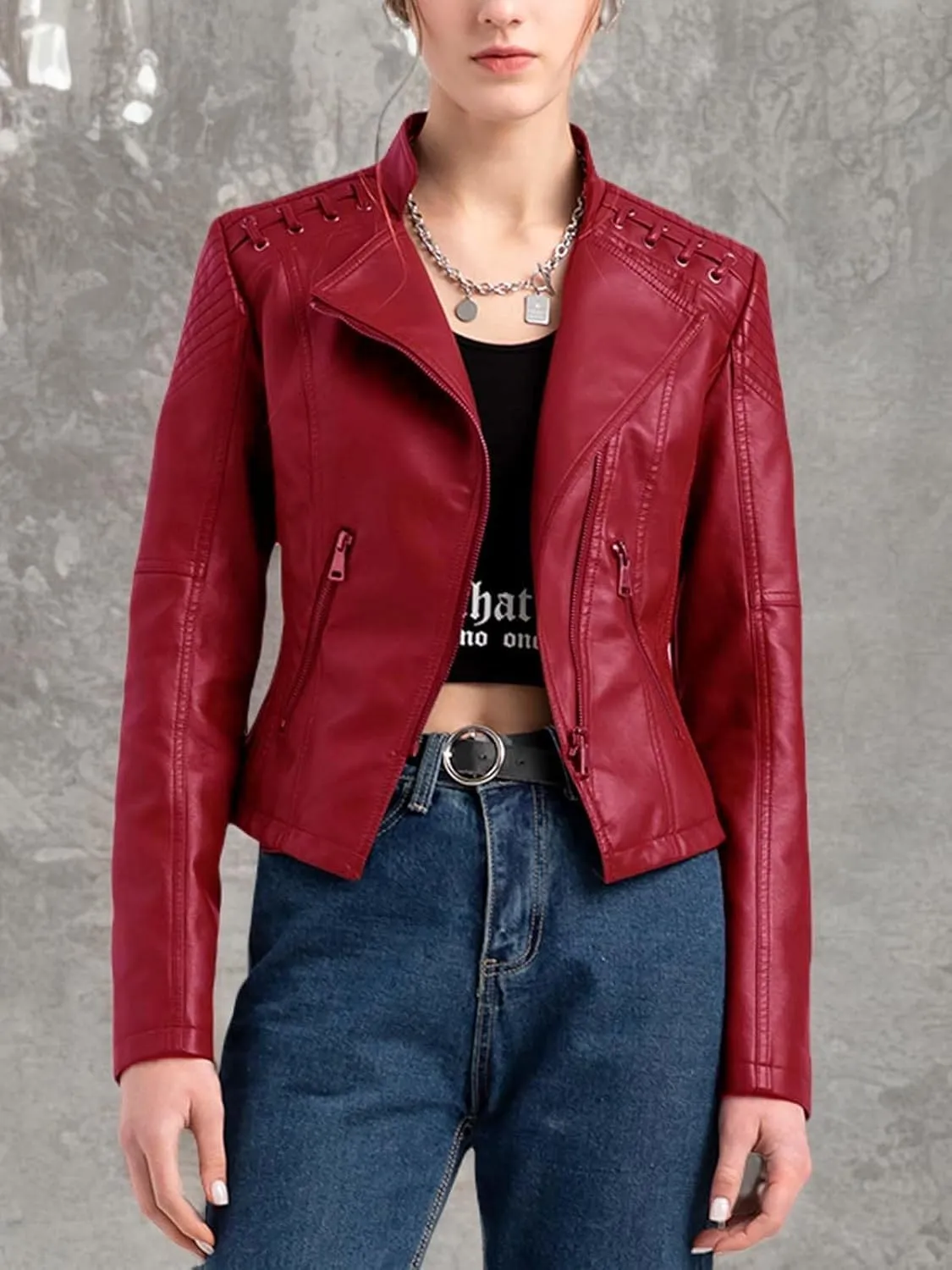 Women's Faux Leather Jacket Varsity Moto Biker Bomber Jackets Casual Lightweight Outerwear Short Coats
