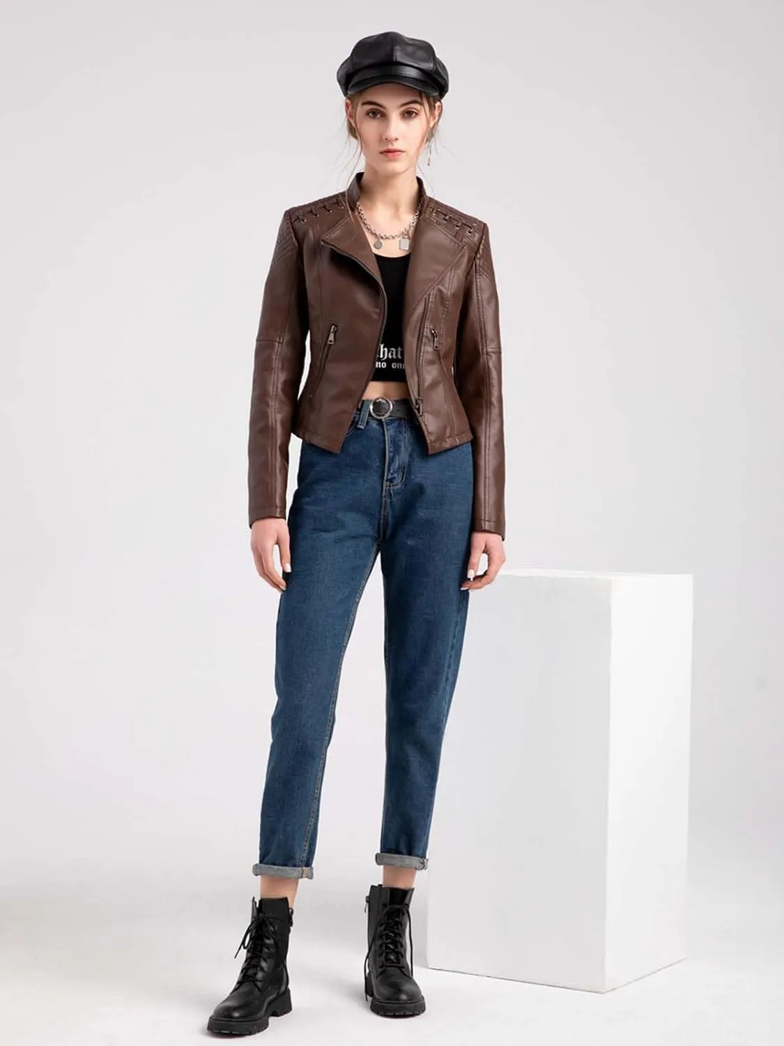 Women's Faux Leather Jacket Varsity Moto Biker Bomber Jackets Casual Lightweight Outerwear Short Coats
