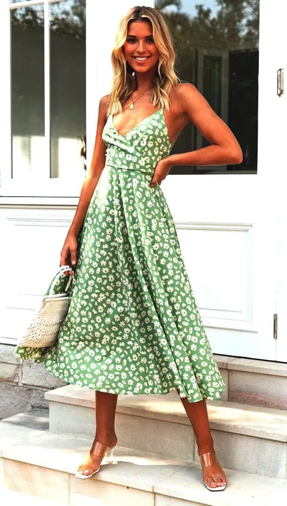 Women's Floral Boho Midi Dress Back Tie Hollow Out Spaghetti Strap Flowy Summer Dress Ruffle Swing Sundress for Beach