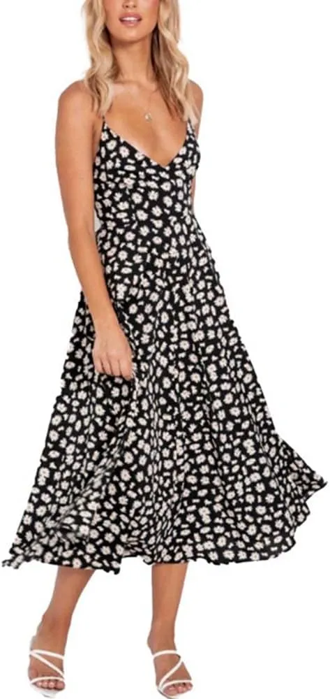 Women's Floral Boho Midi Dress Back Tie Hollow Out Spaghetti Strap Flowy Summer Dress Ruffle Swing Sundress for Beach