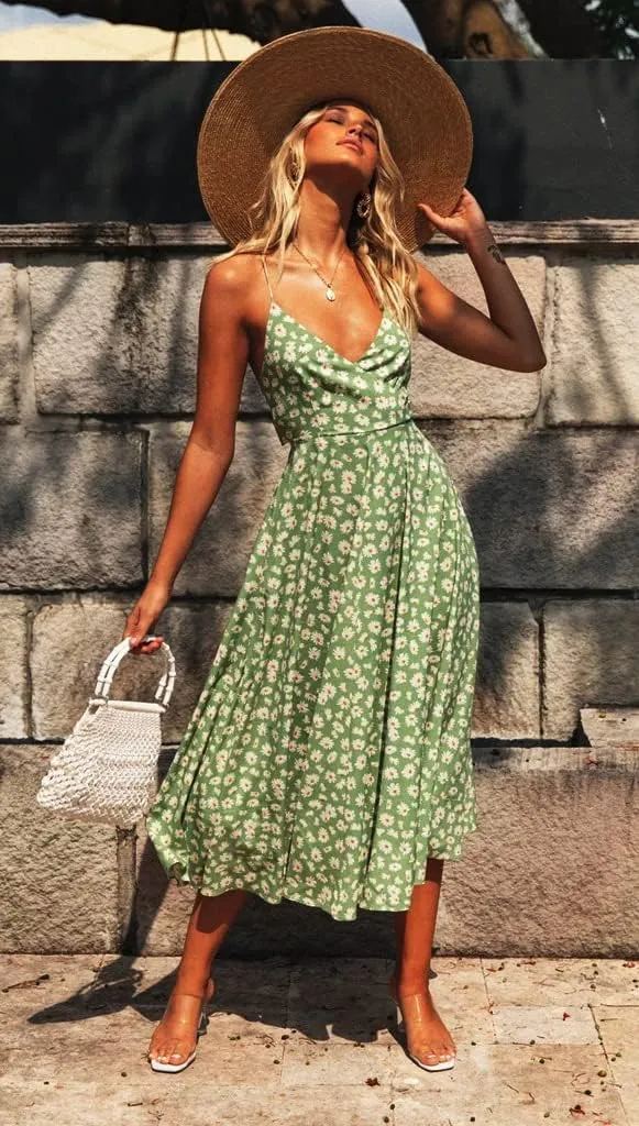 Women's Floral Boho Midi Dress Back Tie Hollow Out Spaghetti Strap Flowy Summer Dress Ruffle Swing Sundress for Beach
