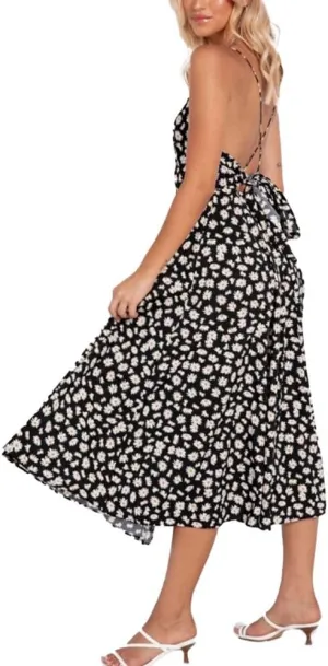 Women's Floral Boho Midi Dress Back Tie Hollow Out Spaghetti Strap Flowy Summer Dress Ruffle Swing Sundress for Beach