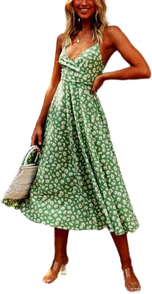 Women's Floral Boho Midi Dress Back Tie Hollow Out Spaghetti Strap Flowy Summer Dress Ruffle Swing Sundress for Beach