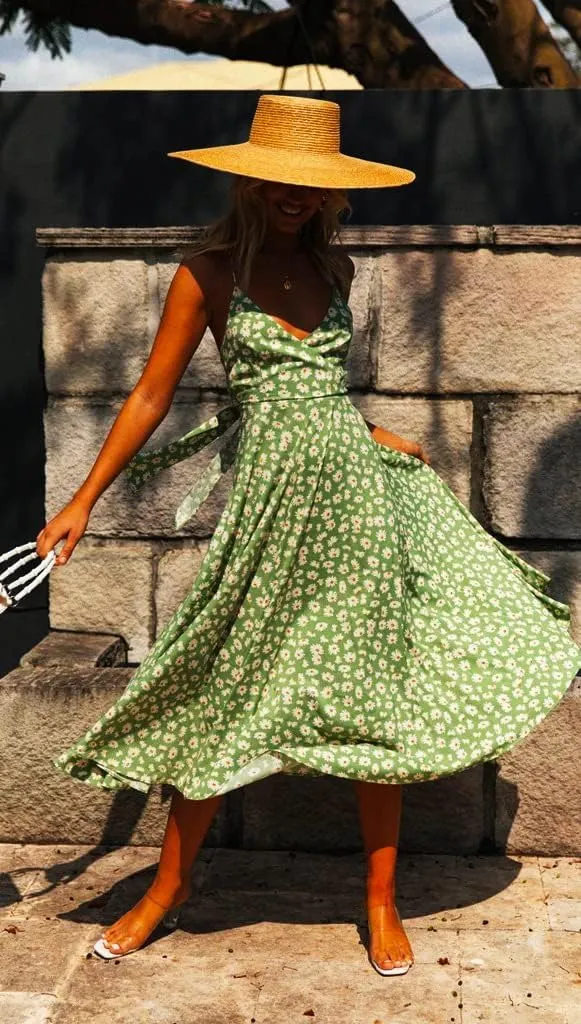 Women's Floral Boho Midi Dress Back Tie Hollow Out Spaghetti Strap Flowy Summer Dress Ruffle Swing Sundress for Beach