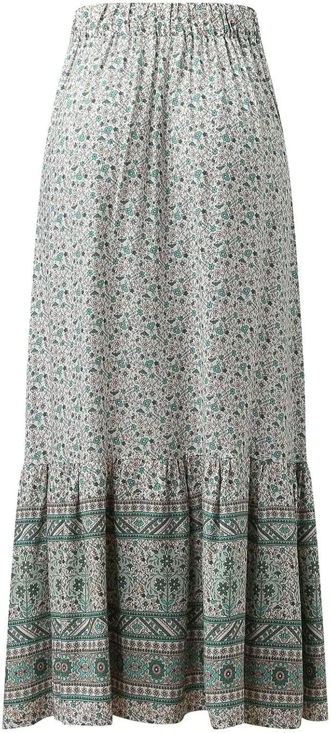 Womens Floral Print Boho Maxi Skirt Elastic High Waist Pleated Ruffle Flowy Long Skirts Plus Size Beach Skirt