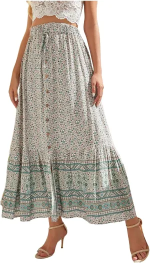 Womens Floral Print Boho Maxi Skirt Elastic High Waist Pleated Ruffle Flowy Long Skirts Plus Size Beach Skirt