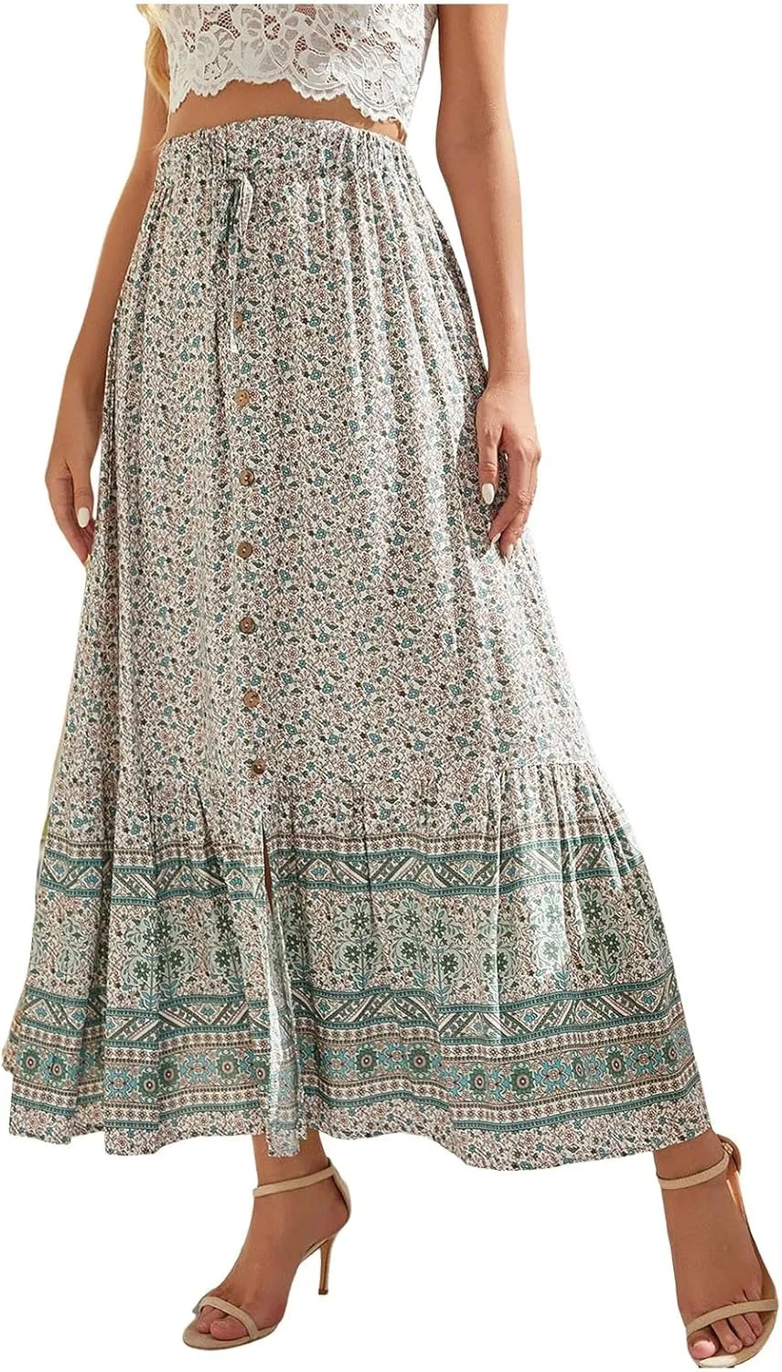 Womens Floral Print Boho Maxi Skirt Elastic High Waist Pleated Ruffle Flowy Long Skirts Plus Size Beach Skirt