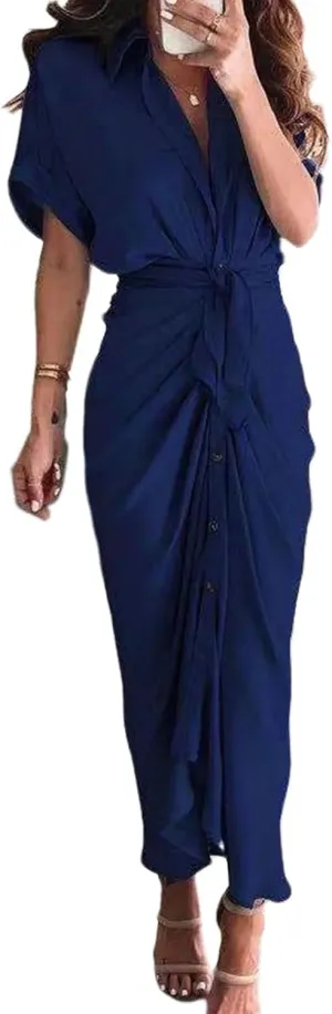 Women's Flowy Midi Dresses Ruffled Boho Dress Casual Beach Sundress Lapel Button Waist Lace-up Business Long Skirts