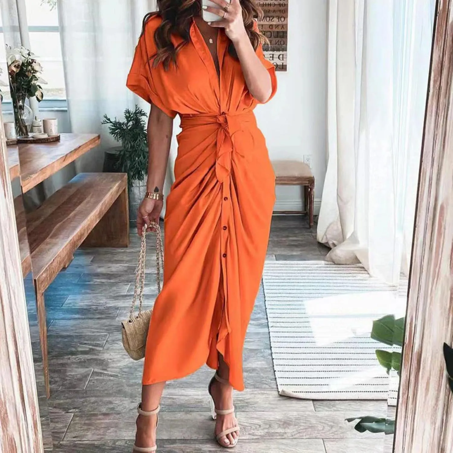 Women's Flowy Midi Dresses Ruffled Boho Dress Casual Beach Sundress Lapel Button Waist Lace-up Business Long Skirts
