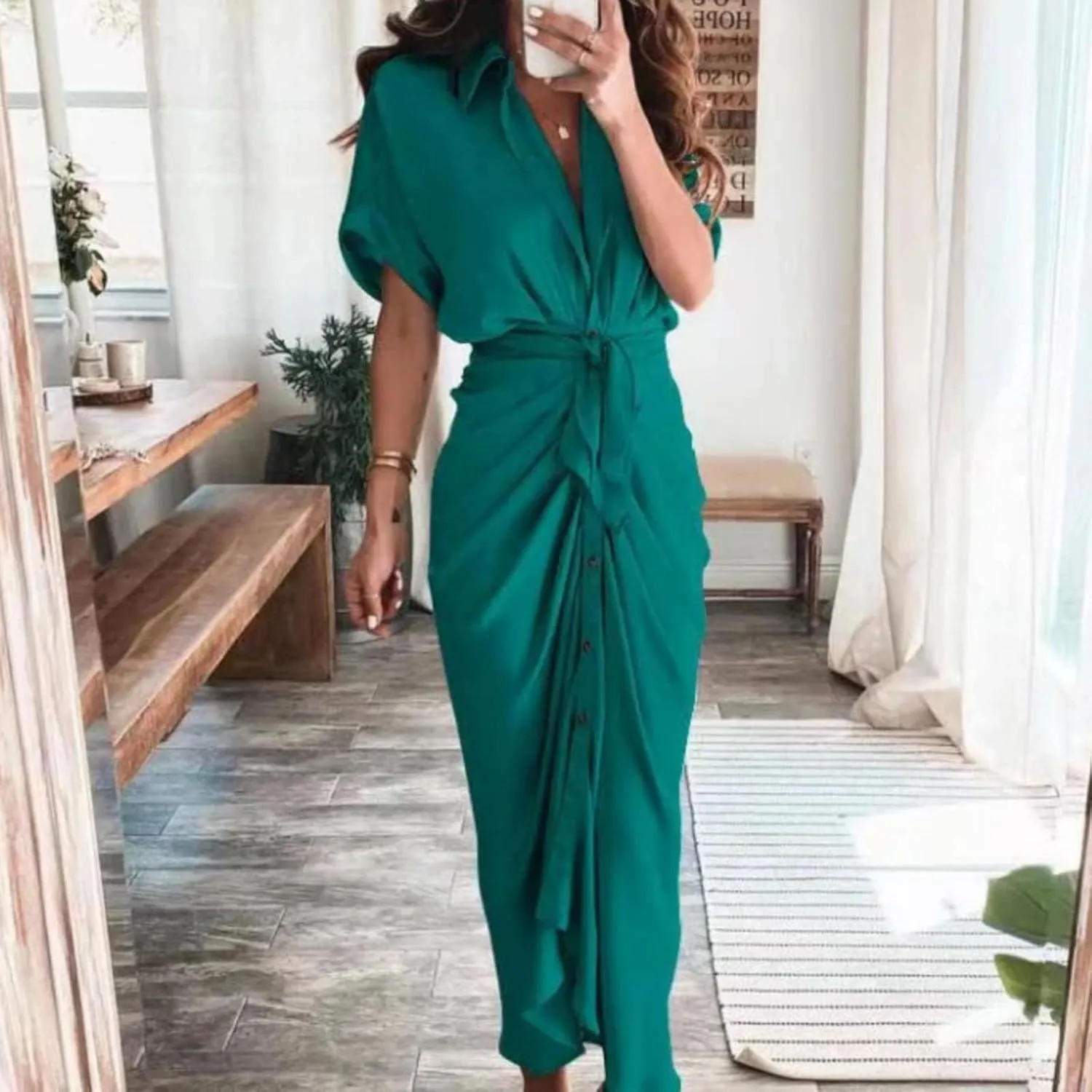 Women's Flowy Midi Dresses Ruffled Boho Dress Casual Beach Sundress Lapel Button Waist Lace-up Business Long Skirts