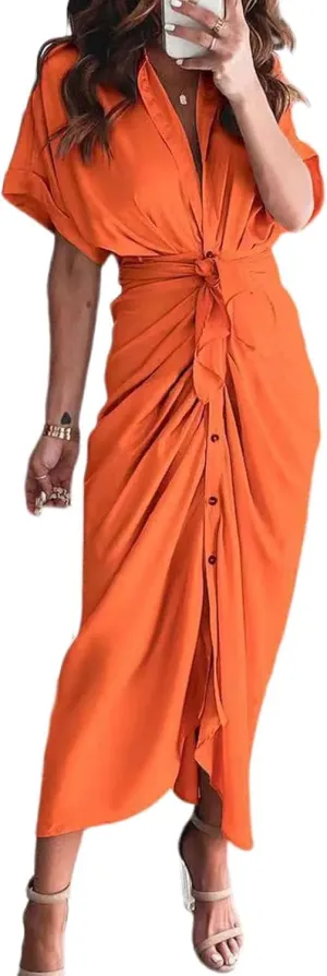 Women's Flowy Midi Dresses Ruffled Boho Dress Casual Beach Sundress Lapel Button Waist Lace-up Business Long Skirts
