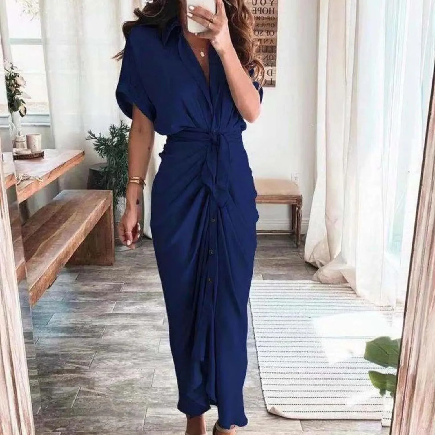 Women's Flowy Midi Dresses Ruffled Boho Dress Casual Beach Sundress Lapel Button Waist Lace-up Business Long Skirts
