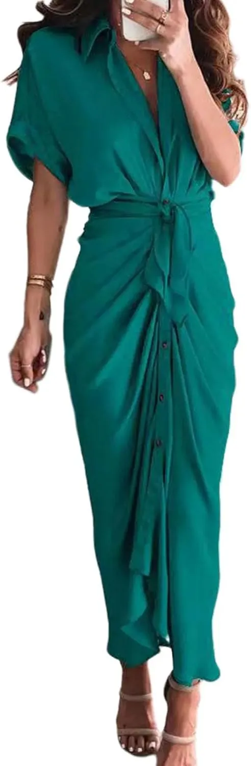 Women's Flowy Midi Dresses Ruffled Boho Dress Casual Beach Sundress Lapel Button Waist Lace-up Business Long Skirts