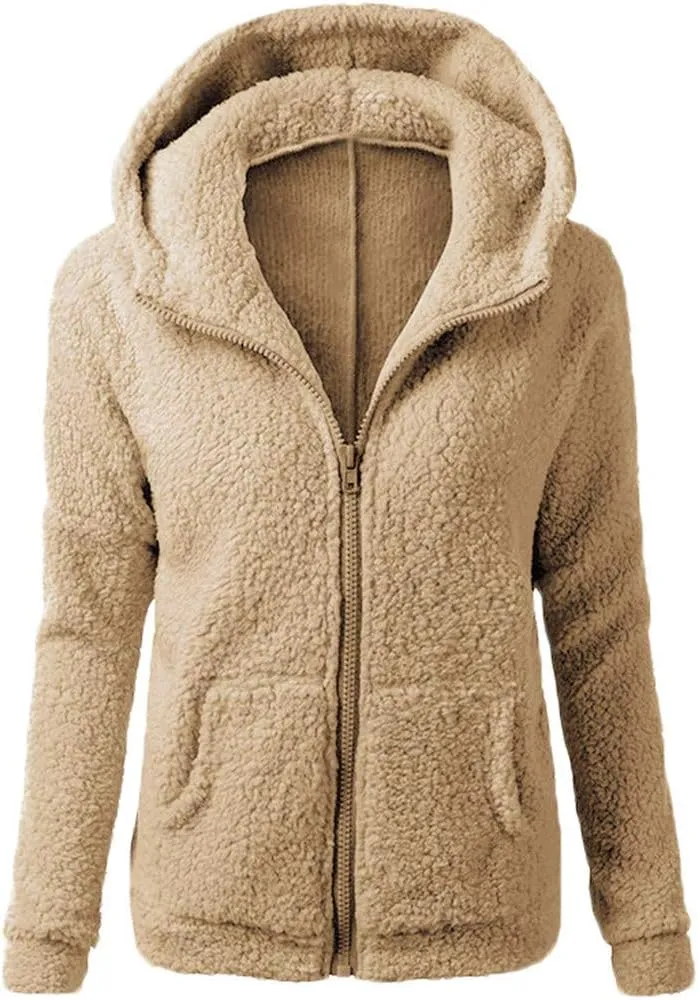 Womens Fluffy Hoodies Sherpa Lightweight Fleece Lined Fall Winter Coats Fuzzy Comfy Warm Plus Size Zip Up Jackets