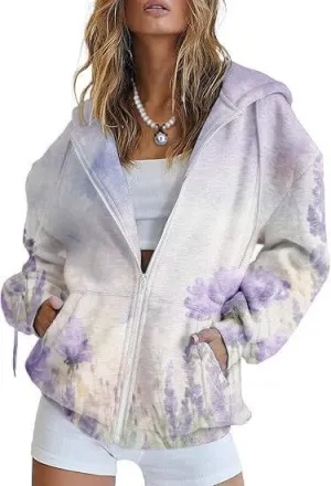 Women's Full Zip Up Hoodie Y2K Oversized Long Sleeve Cute Hooded Sweatshirts with Pocket Floral Jacket Coat for Women